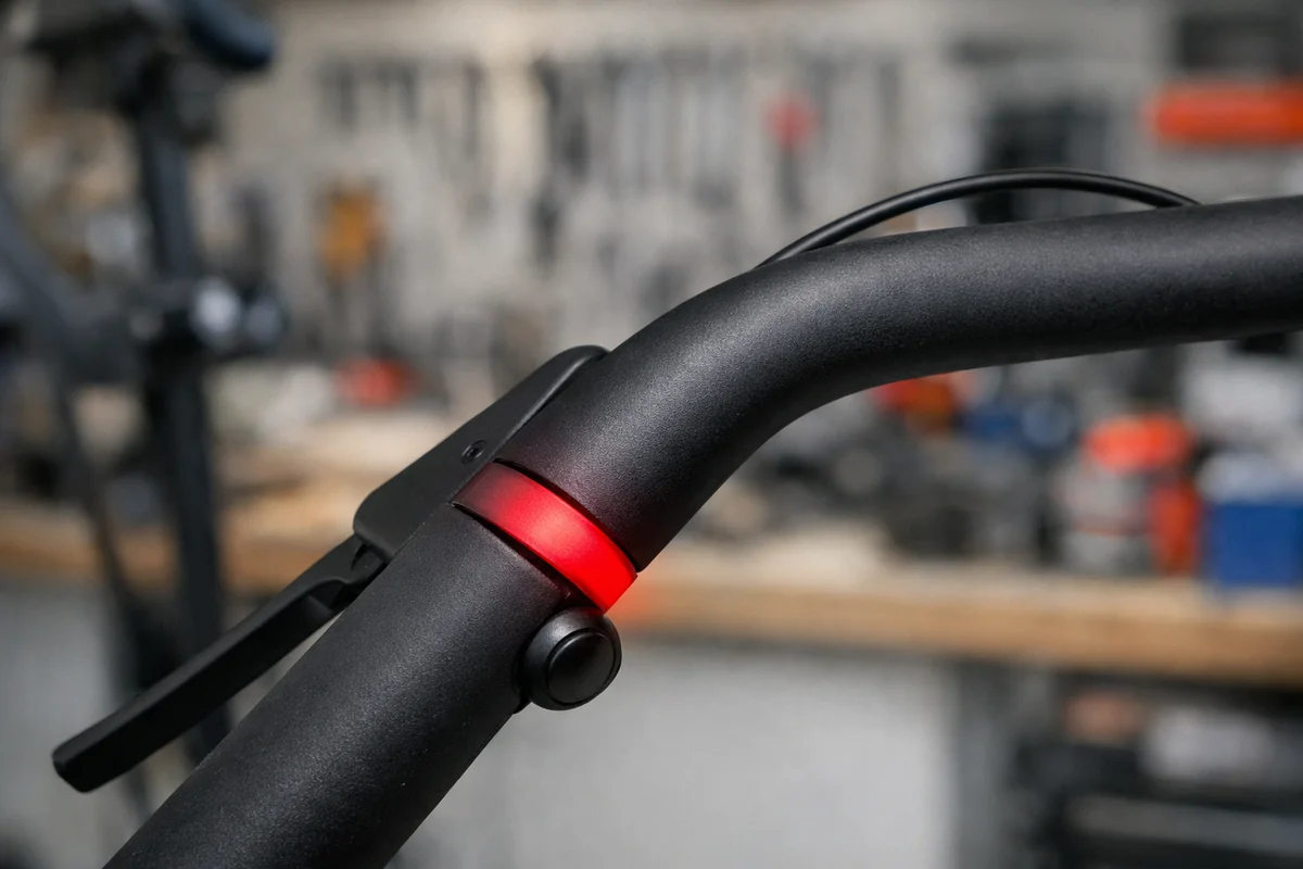 Stuur van een VanMoof S5 met een rood oplichtende Halo-ring, gefotografeerd in de werkplaats