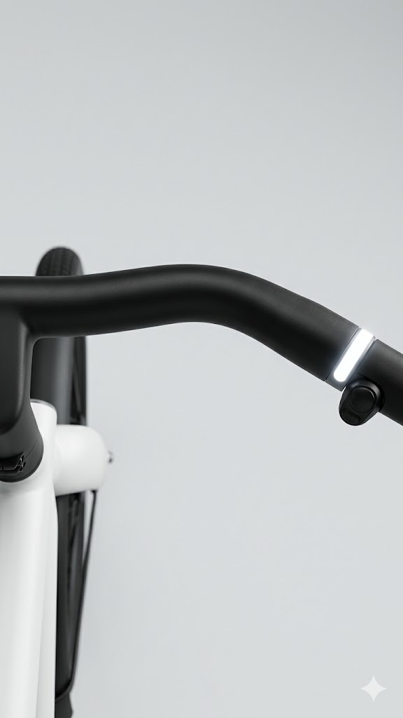 Stuur van een VanMoof S5 met een wit oplichtende Halo-ring naast de knop